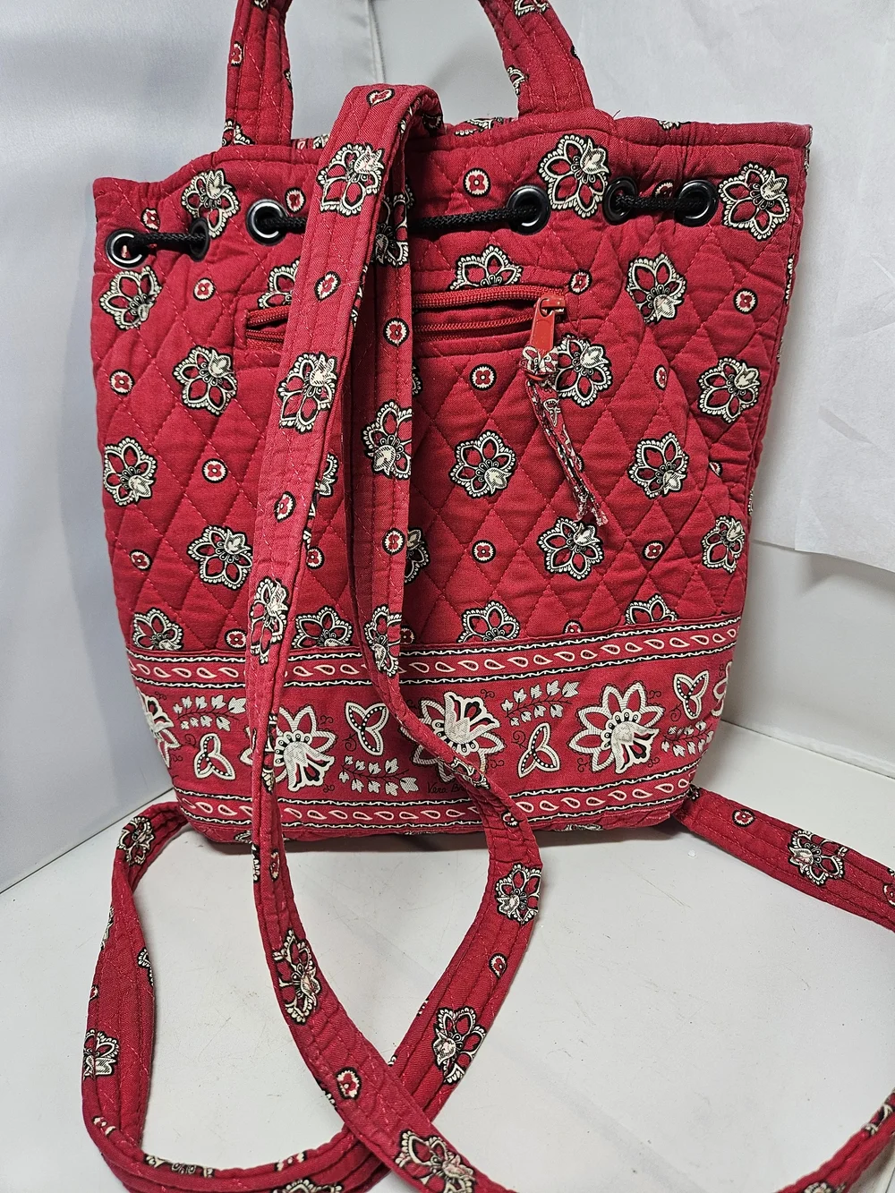 Vera Bradley Red Bandana Print Quilted  Drawstring Tote Backpack Bag